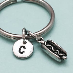 Hotdog keychain, hotdog charm, food keychain, personalized keychain, initial keychain, initial charm, customized, monogram