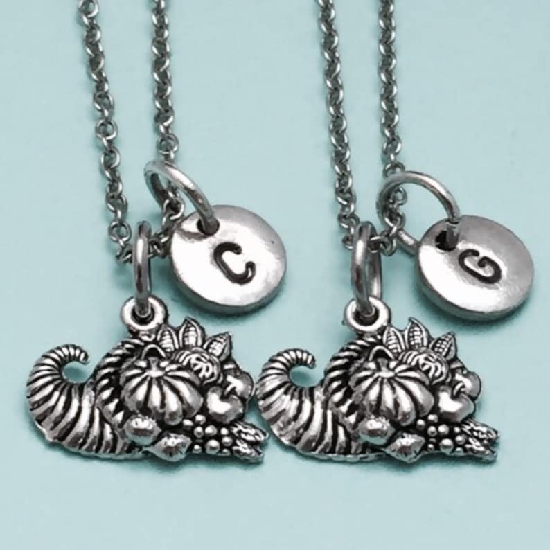 Best friend necklace thanksgiving necklace cornucopia necklace bff necklace sister monogram personalized initial friendship jewelry