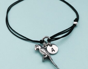 Parrot cord bracelet, parrot charm bracelet, adjustable bracelet, charm bracelet, personalized bracelet, initial bracelet, monogram