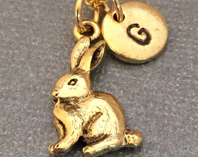 Bunny necklace, bunny charm, animal necklace, personalized necklace, initial necklace, initial charm, monogram