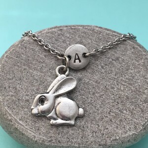 May include: A silver necklace with a small rabbit charm and a round charm with the letter A.