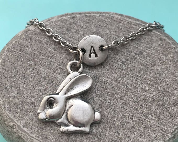 Bunny charm braclet, rabbit charm, animal bracelet, adjustable bracelet, initial bracelet, initial charm, monogram