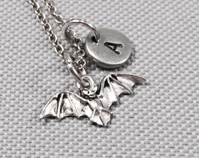 Bat necklace, bat charm, bat jewelry, halloween necklace, personalize necklace, initial charm, monogram