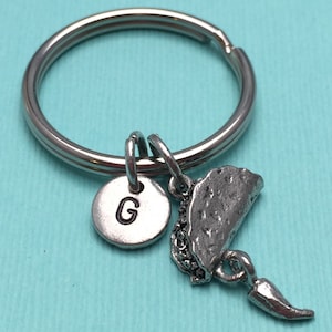 Llavero con dije de taco, llavero de taco, llavero de comida, llavero personalizado, llavero con inicial, dije de comida mexicana, llavero de pimiento