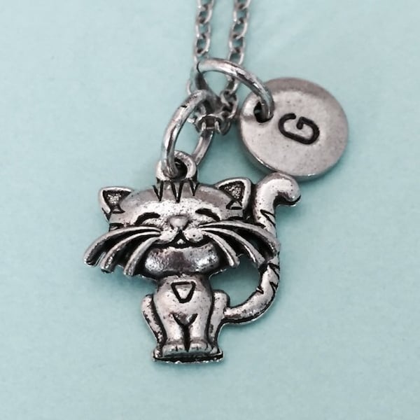 Collier de chat, charme chat, charme chat mignon, chaton, collier personnalisé, collier initiale, charme initial, monogramme, argent antique