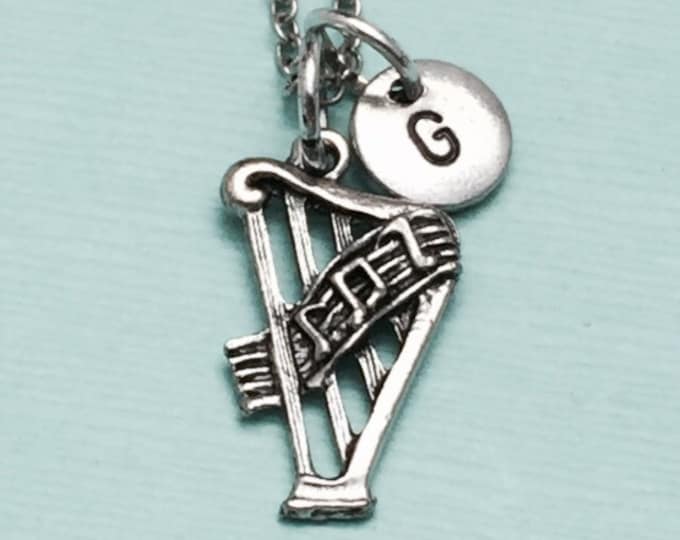 Harp necklace, harp charm, musical instrument necklace, personalized necklace, initial necklace, initial charm, monogram