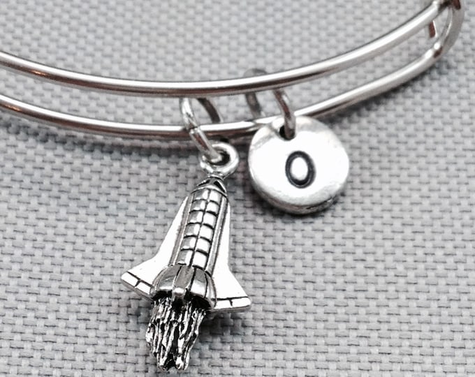 Rocket ship bangle bracelet, personalized bangle bracelet, spaceship bracelet, charm bracelet, rocket ship bracelet