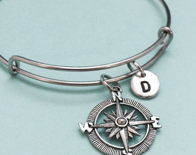 Compass bangle, compass bracelet, compass charm, personalized bracelet, expandable bangle, initial bracelet, monogram