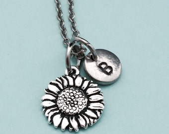 Sunflower necklace, sunflower charm, flower necklace, personalized necklace, initial necklace, monogrwm