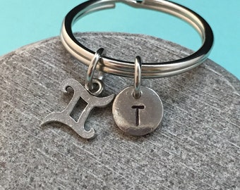 Gemini keychain, Gemini charm, zodiac keychain, personalized keychain, initial keychain, initial charm, customized keychain, monogram