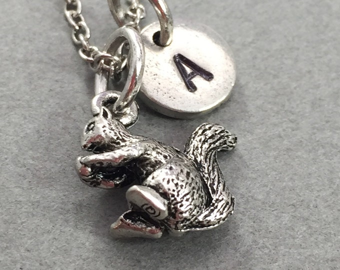 Squirrel charm necklace, animal necklace, personalized necklace, initial necklace, animal jewelry, squirrel jewelry