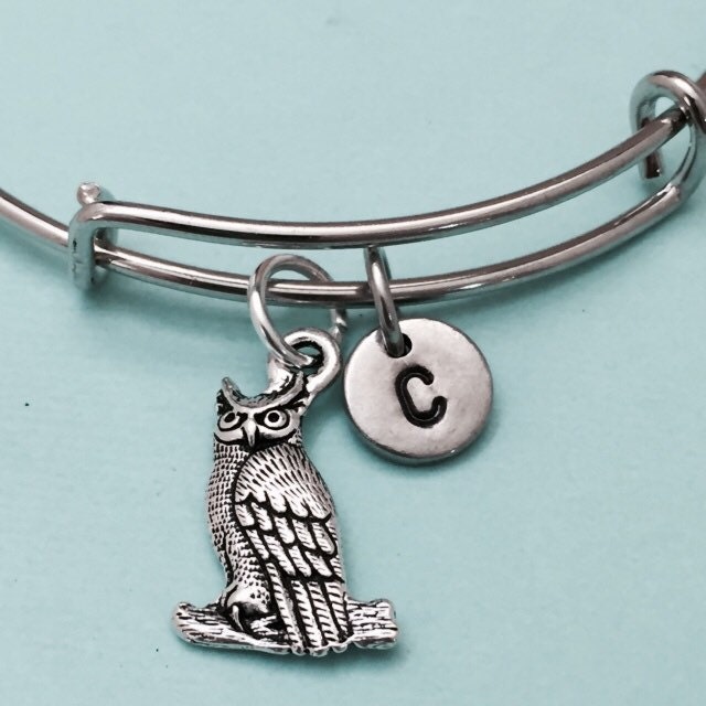 Owl bangle, owl charm bracelet, expandable bangle, charm bangle, personalized bracelet, initial brac