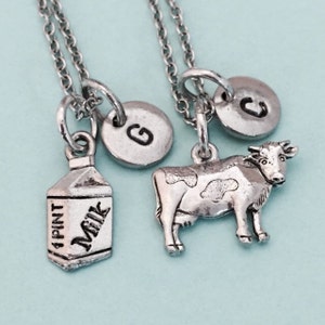 Best friend necklace, cow necklace, milk necklace, milk charm, bff necklace, friendship, sister necklace, friends, personalized, initial