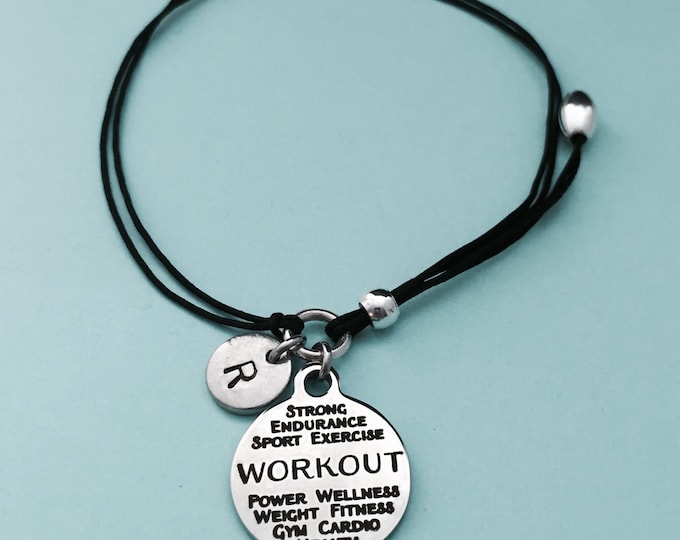 Workout cord bracelet, workout charm bracelet, adjustable bracelet, charm bracelet, personalized bracelet, initial, monogram