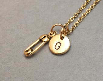Safety pin necklace, safety pin charm, baby necklace, personalized necklace, initial necklace, initial charm, monogram