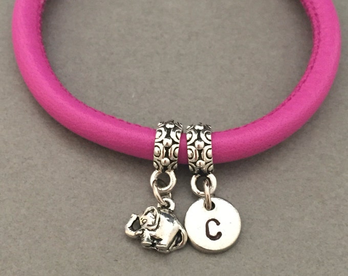Baby elephant leather bracelet, baby elephant charm bracelet, leather bangle, personalized bracelet, initial bracelet, monogram