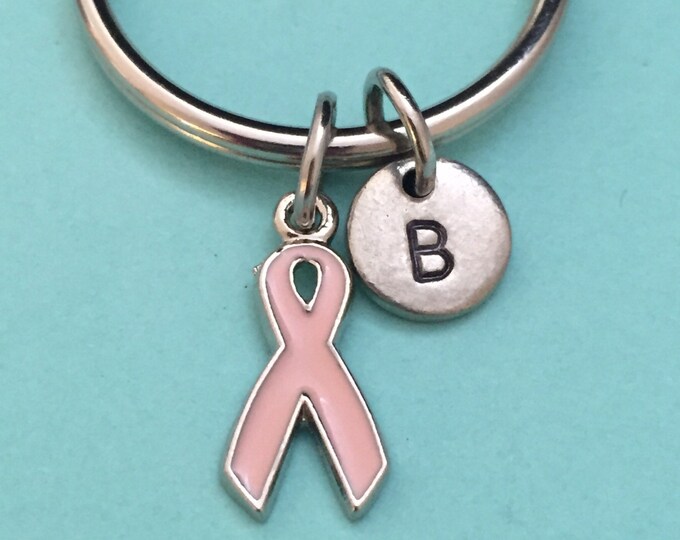 Breast cancer ribbon keychain, breast cancer ribbon charm, awareness keychain, personalized keychain, initial keychain, customized, monogram