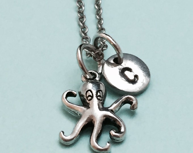 Octopus necklace, octopus charm, sea animal necklace, aquatic animal necklace, personalized necklace, initial necklace, initial charm
