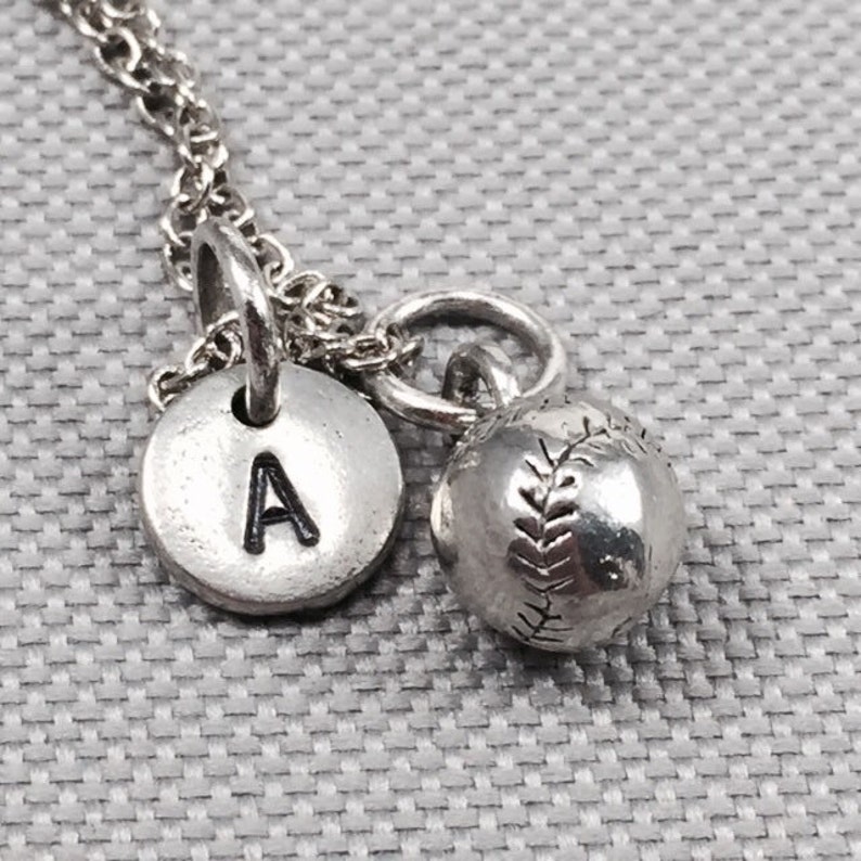Baseball charm silver Initial Letter Necklace stamped monogram chain pendants Baseball charm silver Initial Letter Necklace stamped monogram chain pendants