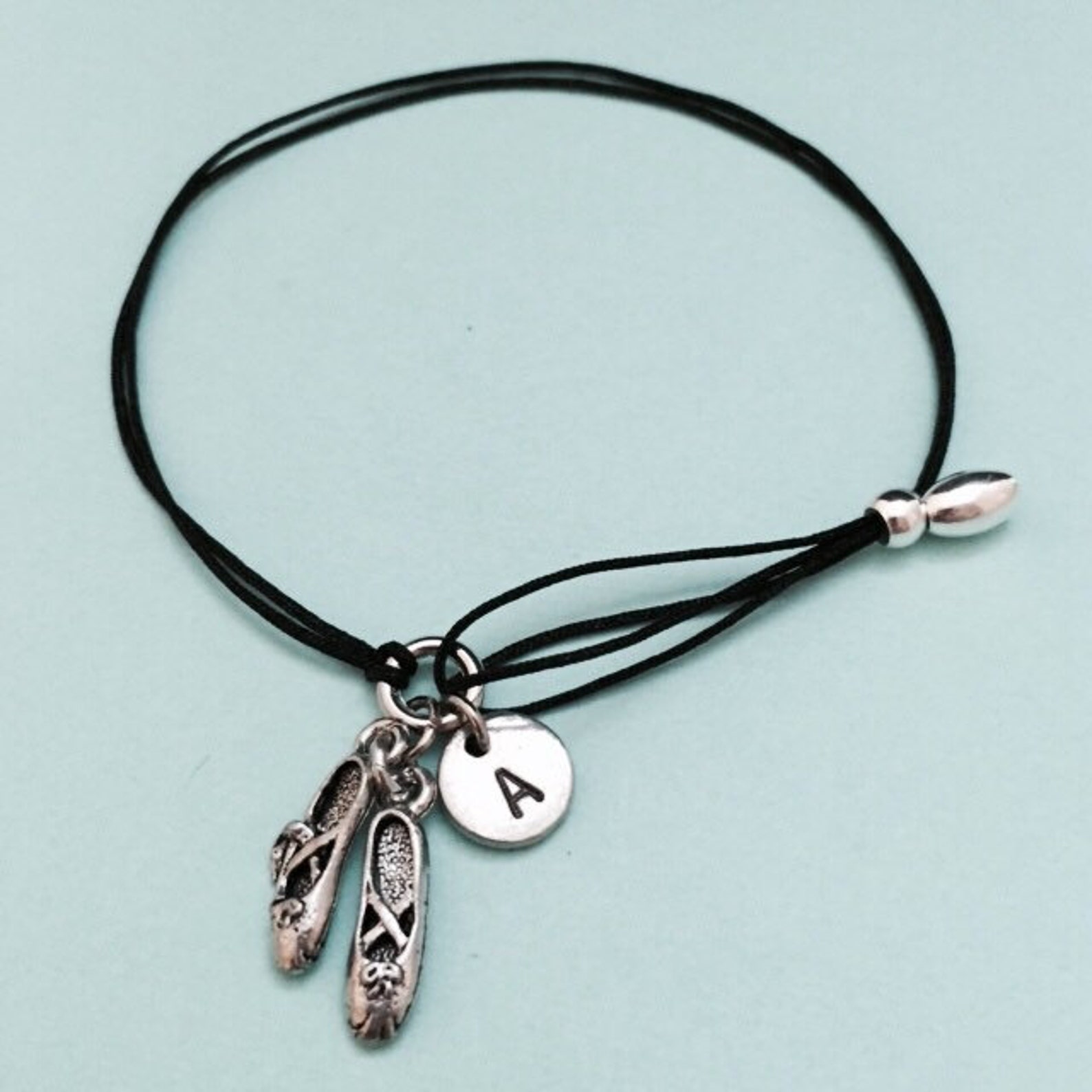 ballet shoes cord bracelet, ballet shoes charm bracelet, adjustable bracelet, charm bracelet, personalized bracelet, initial, mo