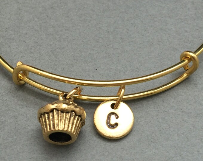 Cupcake bangle, cupcake charm bracelet, expandable bangle, charm bangle, personalized bracelet, initial bracelet, monogram