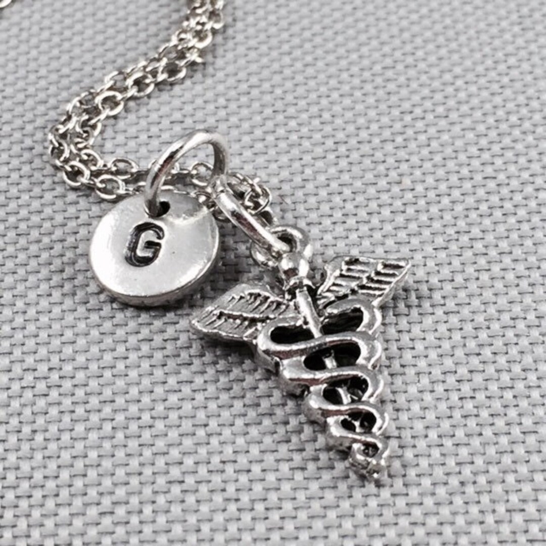 Symbol of Medicine Necklace, Medical Symbol Charm, Caduceus, Initial