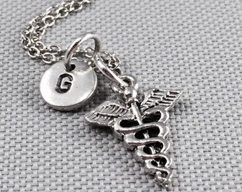 Symbol of medicine necklace, medical symbol charm, caduceus, initial necklace, personalize, monogram, medical, symbol, medical charm