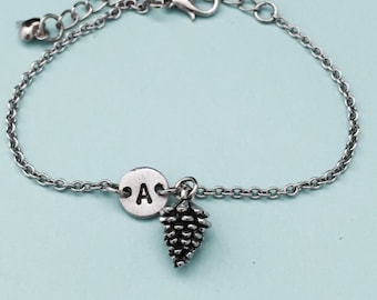 Pine cone charm bracelet, pine cone charm, adjustable bracelet, nature, personalized bracelet, initial bracelet, monogram