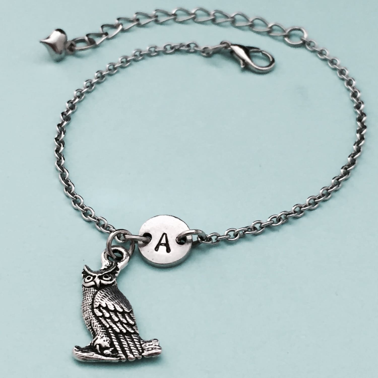 Owl charm bracelet, owl charm, adjustable bracelet, animal, personalized bracelet, initial bracelet,