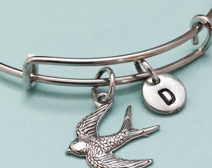 Swallow bangle, swallow charm bracelet, expandable bangle, charm bangle, personalized bracelet, initial bracelet, monogram