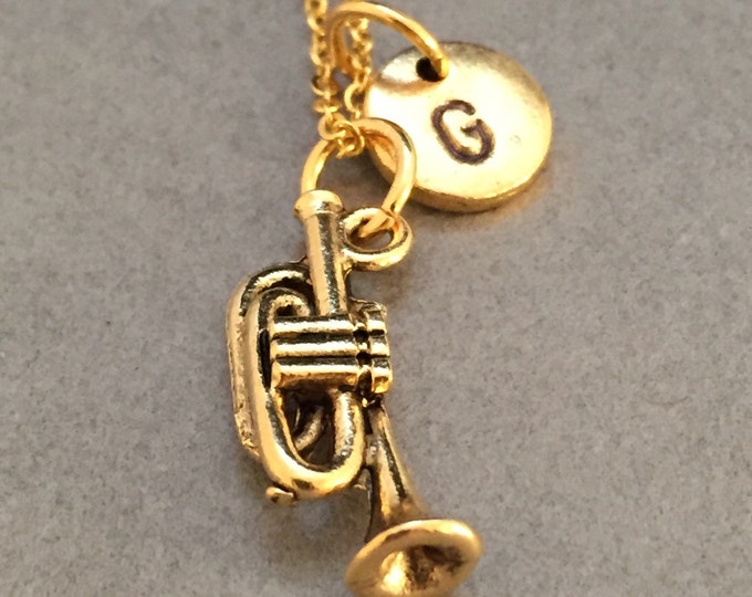 Trumpet necklace, trumpet charm, musical instrument necklace, personalized necklace, initial necklace, initial charm, monogram