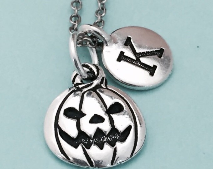 Pumpkin necklace, pumpkin charm, Halloween necklace, personalized necklace, initial necklace, initial charm, monogram