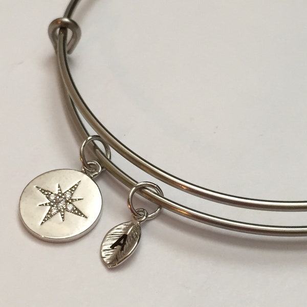 Diamond star compass bangle, diamond star compass charm bracelet, expandable bangle, charm bangle, personalized bracelet, initial, monogram