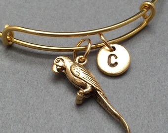 Parrot bangle, parrot charm bracelet, expandable bangle, charm bangle, personalized bracelet, initial bracelet, monogram