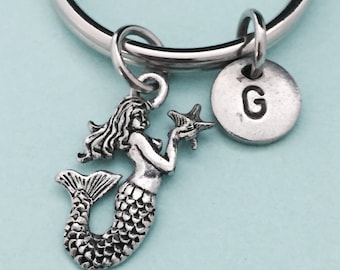 Mermaid keychain, mermaid charm, nautical keychain, personalized keychain, initial keychain, customized keychain, monogram