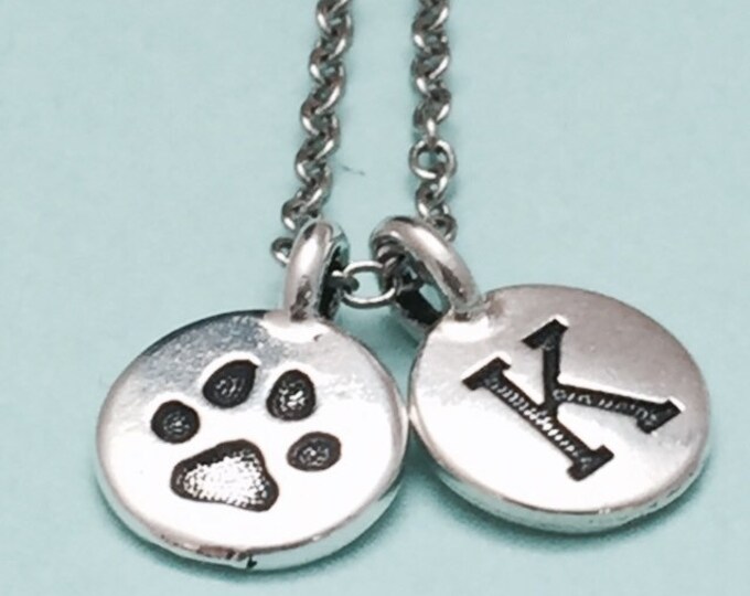 Dog paw print necklace, dog paw print charm, paw print necklace, personalized necklace, initial necklace, initial charm, monogram