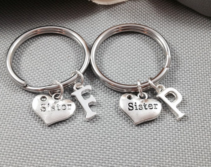 Sister keychain, gift for sister, heart keychain, initial keychain
