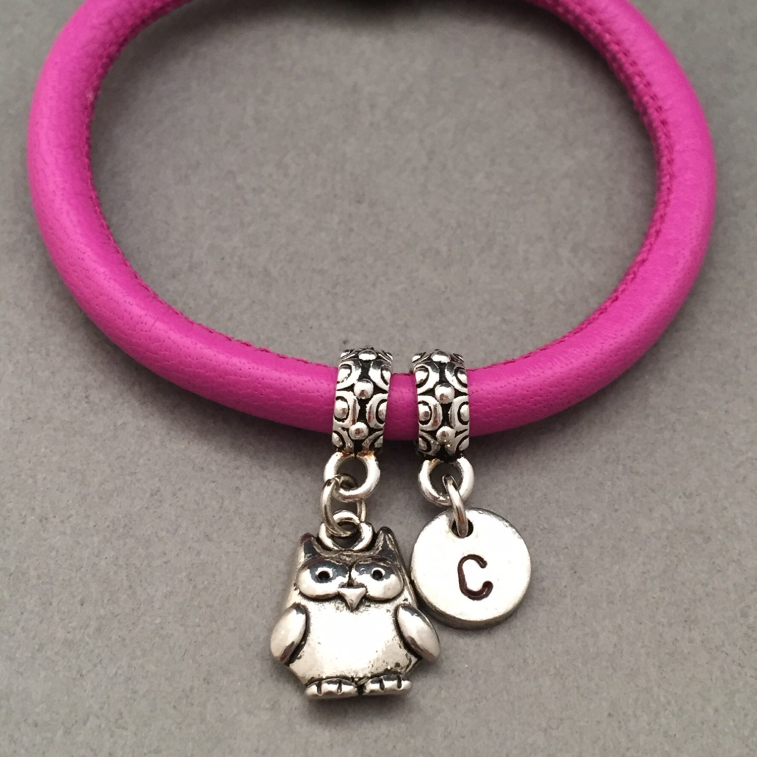 Owl leather bracelet, owl charm bracelet, leather bangle, personalized bracelet, initial bracelet, m