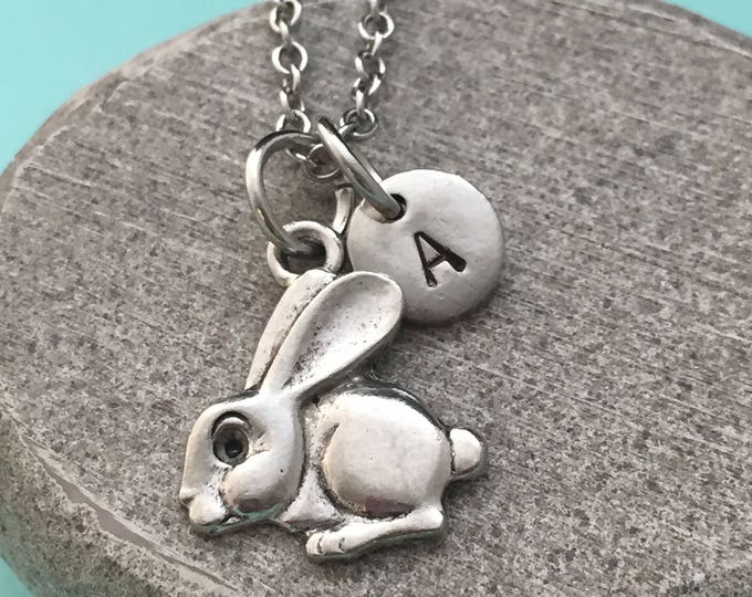 Bunny necklace, bunny charm, animal necklace, personalized necklace, initial necklace, initial charm, monogram