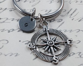 Compass keychain, nautical keychain, ocean keychain, initial keychain, personalized keychain