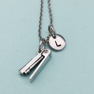Stapler necklace, stapler charm, office supplies necklace, personalized necklace, initial necklace, initial charm, monogram