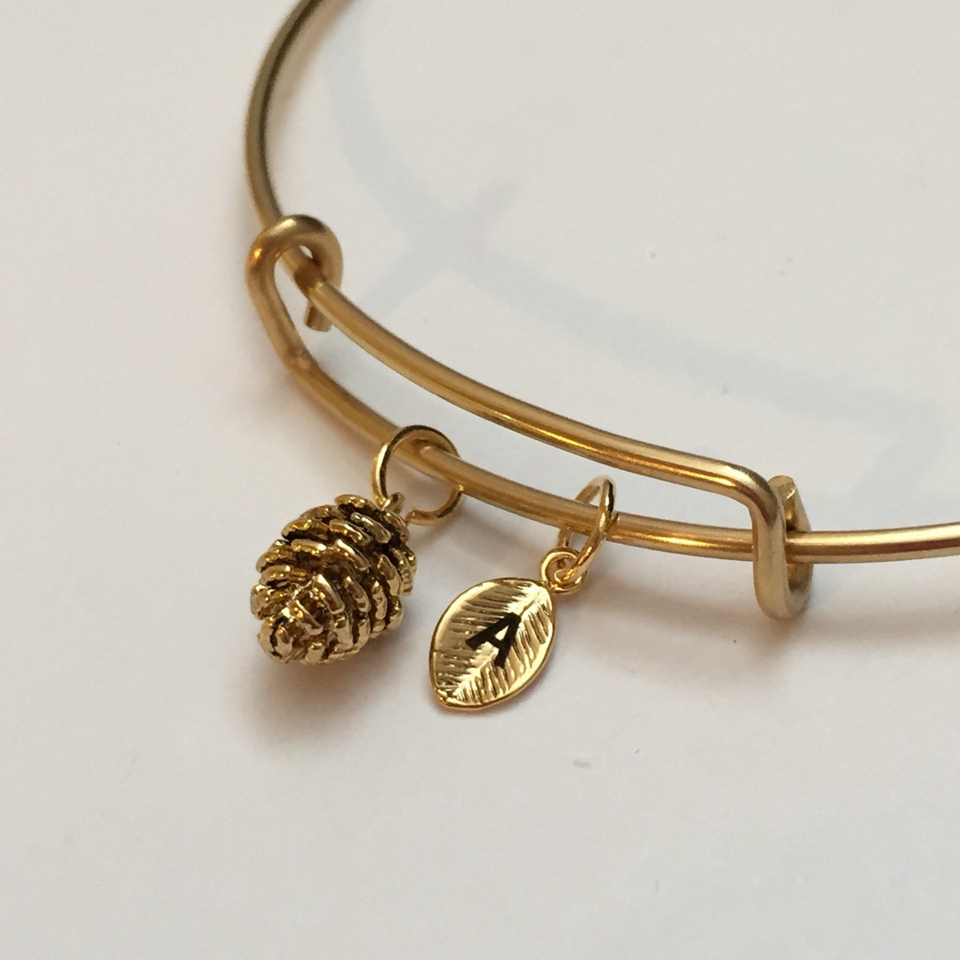 Pinecone Bangle Pinecone Charm Bracelet Expandable Bangle Charm Bangle Personalized Bracelet Initial Bracelet Monogram Etsy