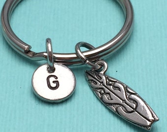 Surfboard keychain, surfing keychain, surfboard charm, personalized keychain, initial keychain, ocean keychain
