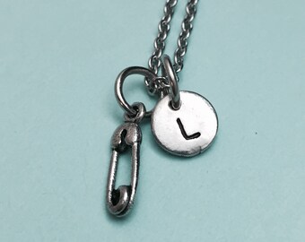 Safety pin necklace, safety pin charm, baby necklace, personalized necklace, initial necklace, initial charm, monogram