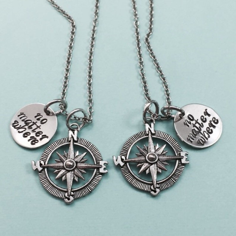 Best friend necklace, no matter where, compass charm, bff necklace, sister, mother daughter, friendship jewelry, friends, quote necklace 