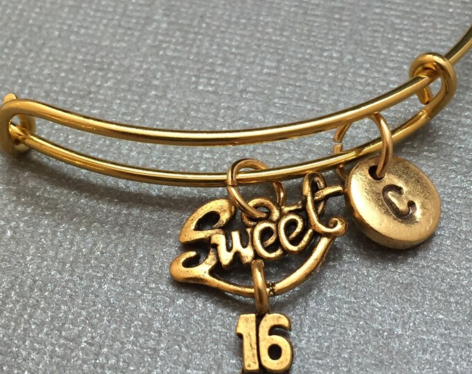 Sweet 16 bangle, sweet 16 charm bracelet, expandable bangle, charm bangle, personalized bracelet, initial bracelet, monogram