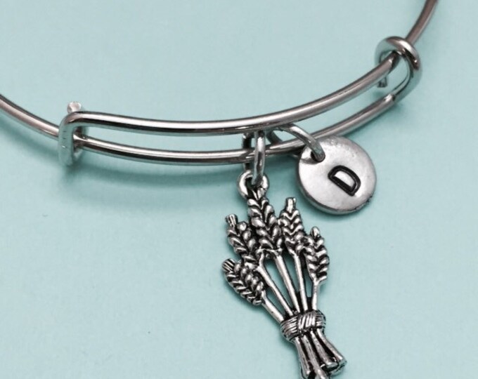 Wheat bangle, wheat charm bracelet, expandable bangle, charm bangle, personalized bracelet, initial bracelet, monogram