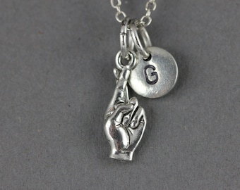 Fingers crossed charm necklace, hope necklace, hand necklace, sign language charm, personalized necklace, initial necklace, friend necklace
