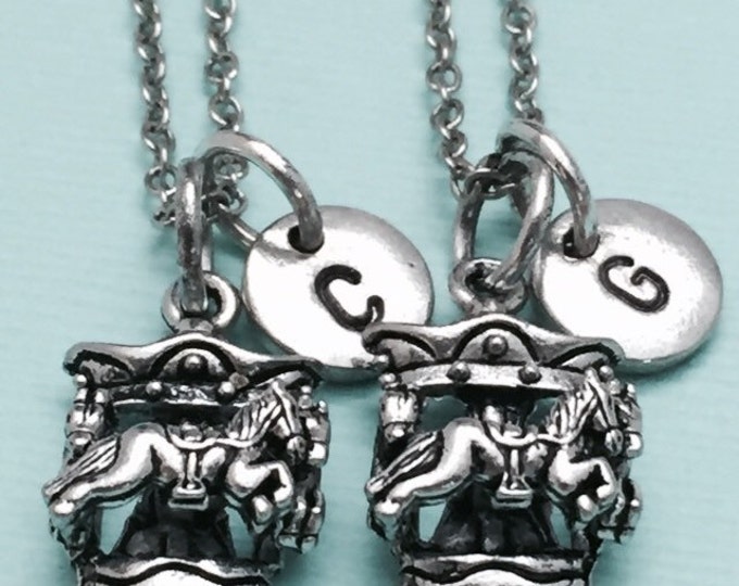 Best friend necklace, carousel necklace, amusement park necklace, bff necklace, sister, friendship, personalized, initial, monogram
