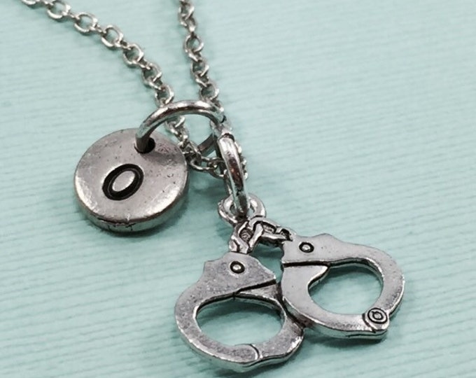 Handcuff charm necklace, handcuffs, personalized necklace, initial charm, silver handcuff jewelry